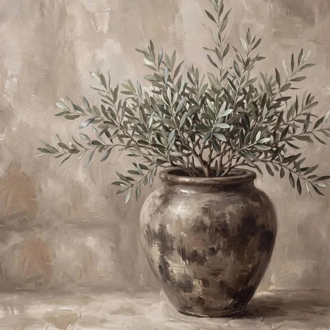 Behang - Olijfplant - Aardenpot - Abstract - Beige