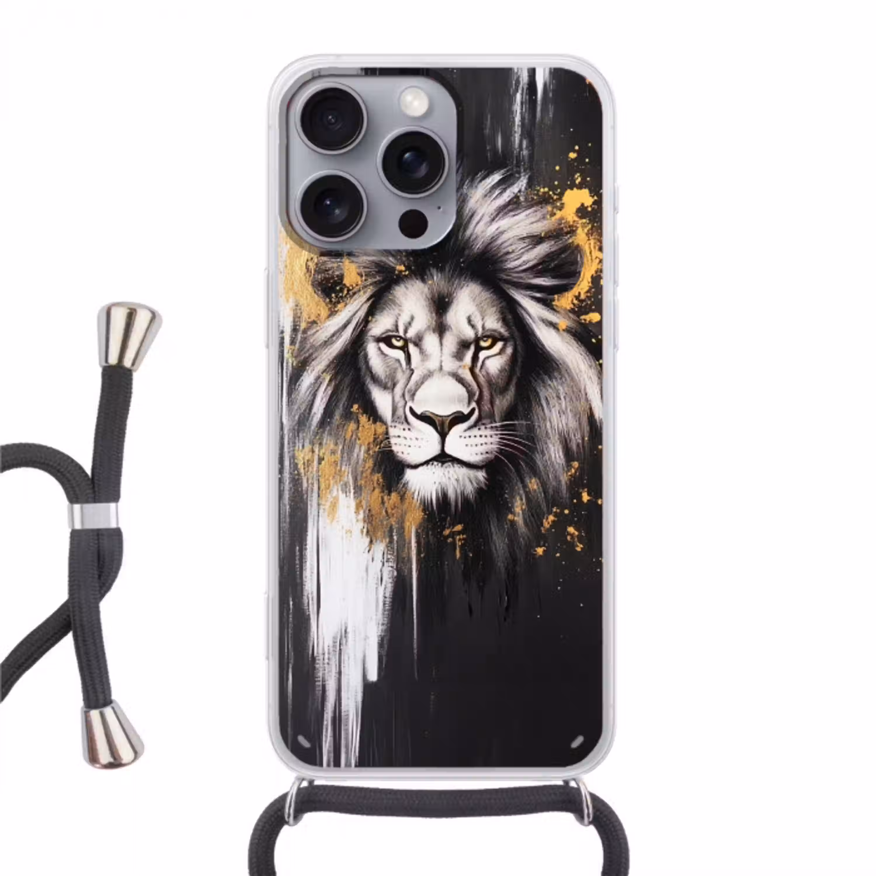 Leeuw - Portret - Verfspatten - Grijs Hoesje iPhone 16 Pro Max met koord klein -3d