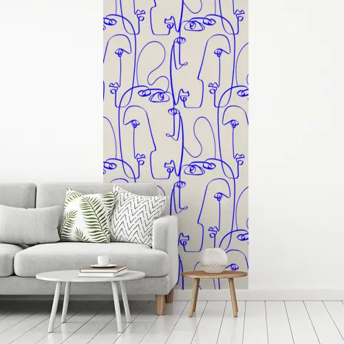 Gezicht - Blauw - Lijnen - Beige fotobehang vinyl groot 64 -woonkamer