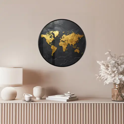Wereldkaart - Goud - Steen Fotolijst rond zonder passe partout klein -sfeer3