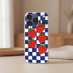 Geblokt - Blauw - Aardbeien Telefoonhoesje iPhone 17 Pro klein -sfeer2