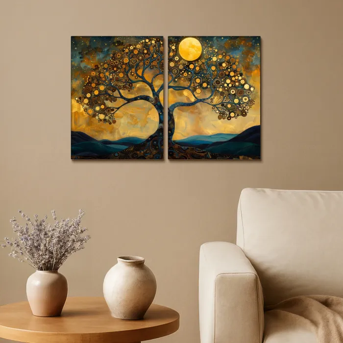 Boom - Geel - Abstract - Modern Canvas - Meerluiken 2 luik klein -sfeer1