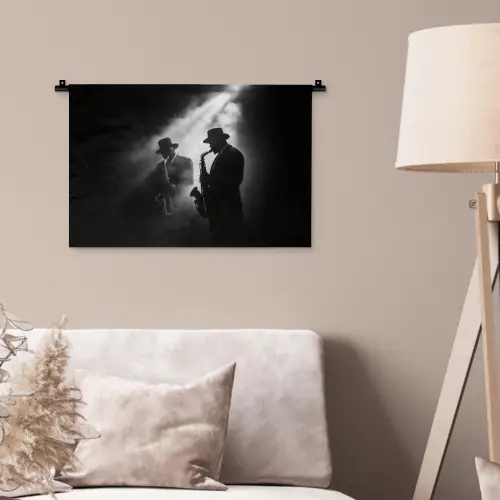 Saxofonisten - Hoeden - Rook - Licht Wandkleed katoen klein -sfeer4