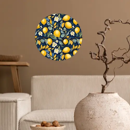 Citroenen - Bloemen - Bladeren - Blauw Wandcirkel behangsticker klein 186 -sfeer1