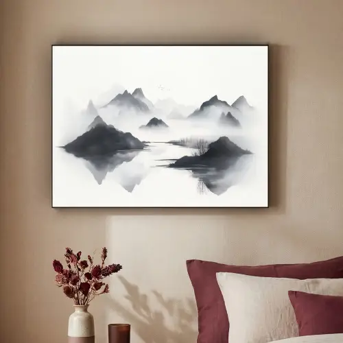 Bergen - Mistig - Water - Wit Textielframe - compleet frame klein -sfeer1