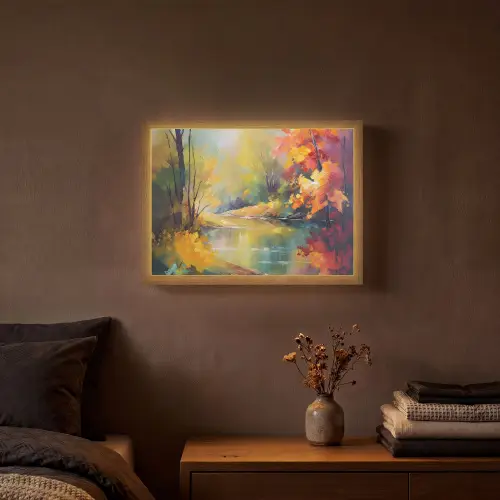 Landschap - Olieverf - Rivier - Kleurrijk Light Box met batterij (Wandlamp) middel -sfeer4
