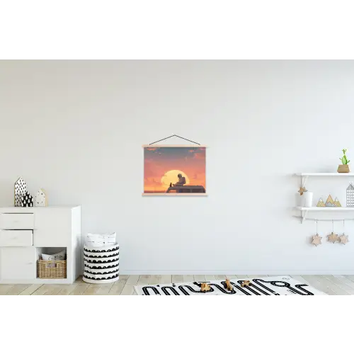 Busje - Kat - Zonsondergang - Oranje textielposter latten blank klein -kinderkamer