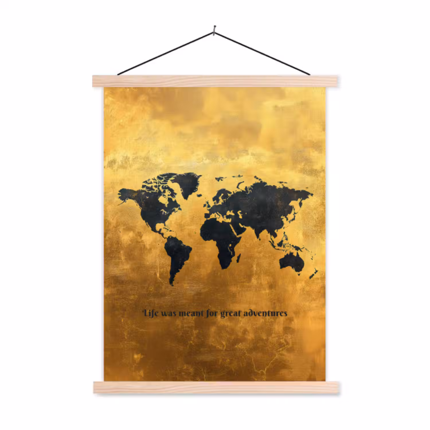 Stoffbild - Zitat - Gold - Weltkarte - Schwarz