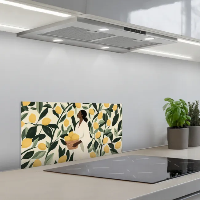 Vrouw - Mand - Citroenen - Bladeren keuken achterwand spatscherm klein -3d_schuin