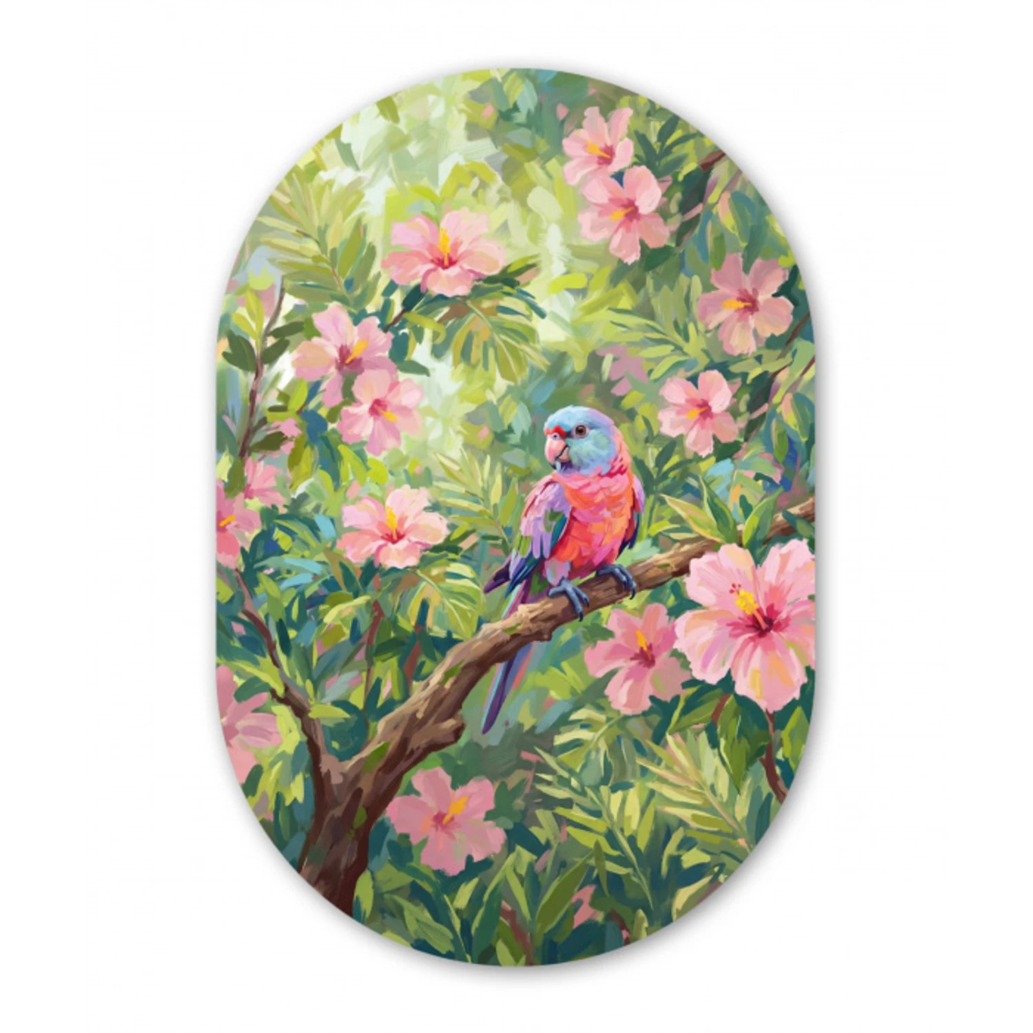 Papagaai - Hibiscusbloemen - Kleurrijk Wandcirkel Ovaal Aluminium middel -3d