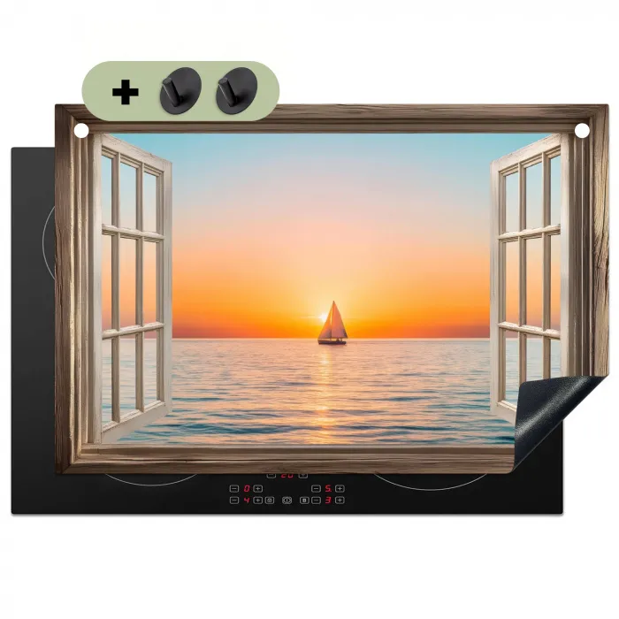 Doorkijk - Zee - Boot - Zonsondergang Inductie beschemer met haakjes klein -3d