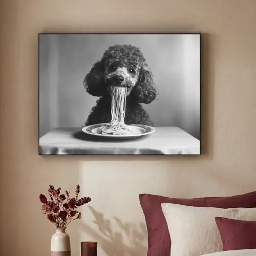 Poedel - Hond - Zwart - Wit - Schattig - Pasta Textielframe zwart klein -sfeer1