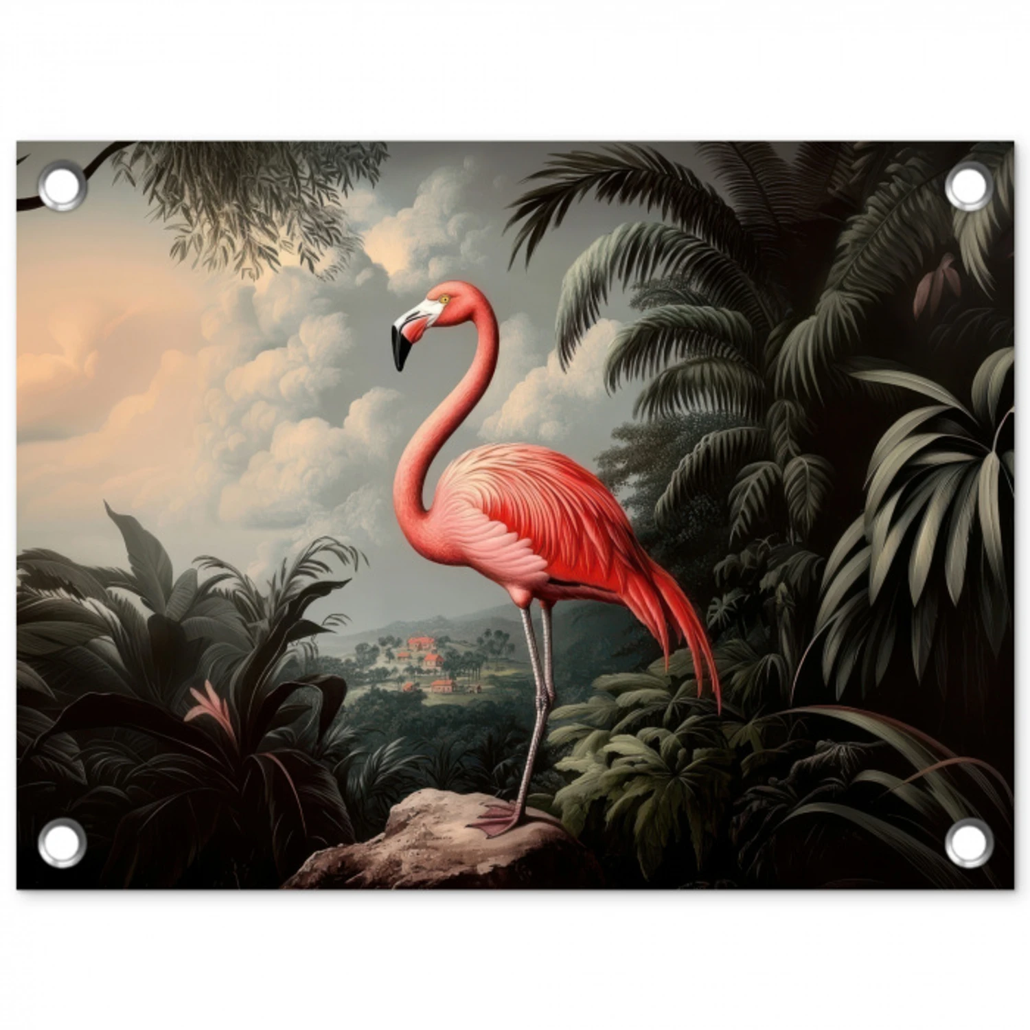 Tropisch - Flamingo - Roze - Bladeren tuinposter los doek klein -3d