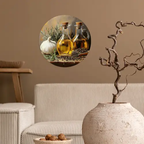 Stilleven - Olijfolie - Knoflook - Kruiden Wandcirkel behangsticker klein -sfeer1