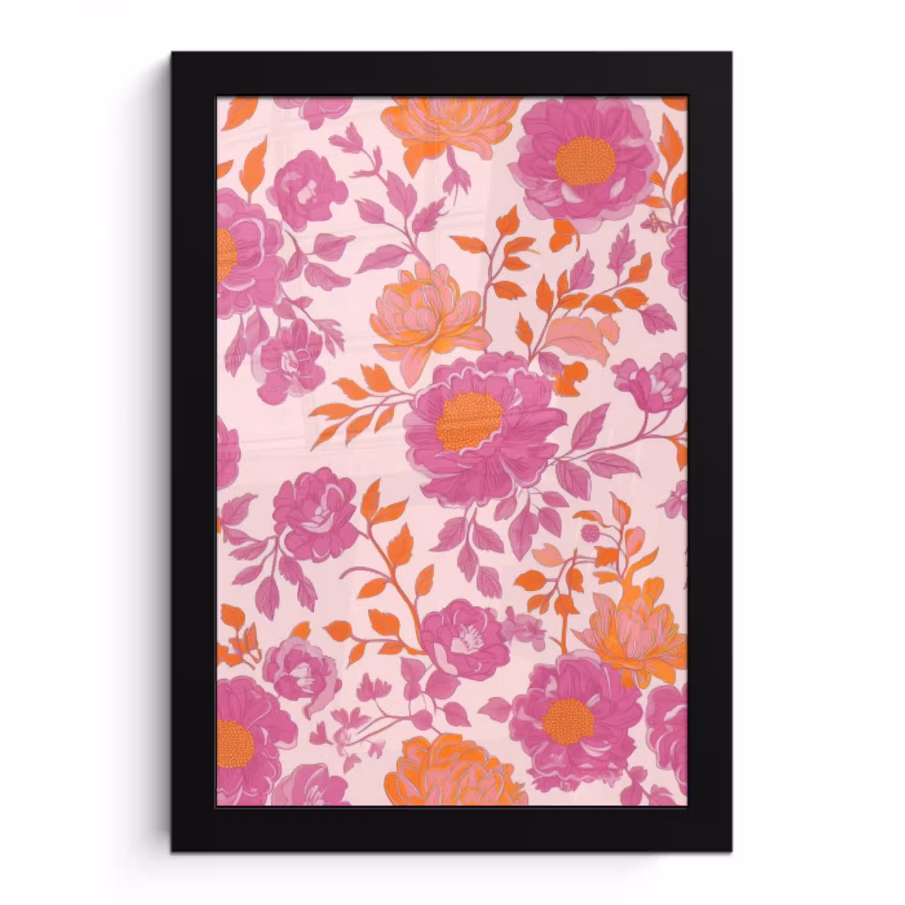 Bloemenpatroon - Roze - Oranje - Bloemen fotolijst zwart zonder passe partout klein -3d