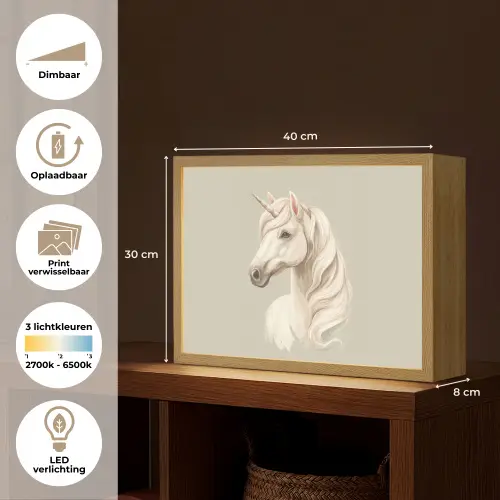 Eenhoorn - Wit - Getekend Light Box met batterij (Wandlamp kind) middel -USP_websiteoverzichtNL