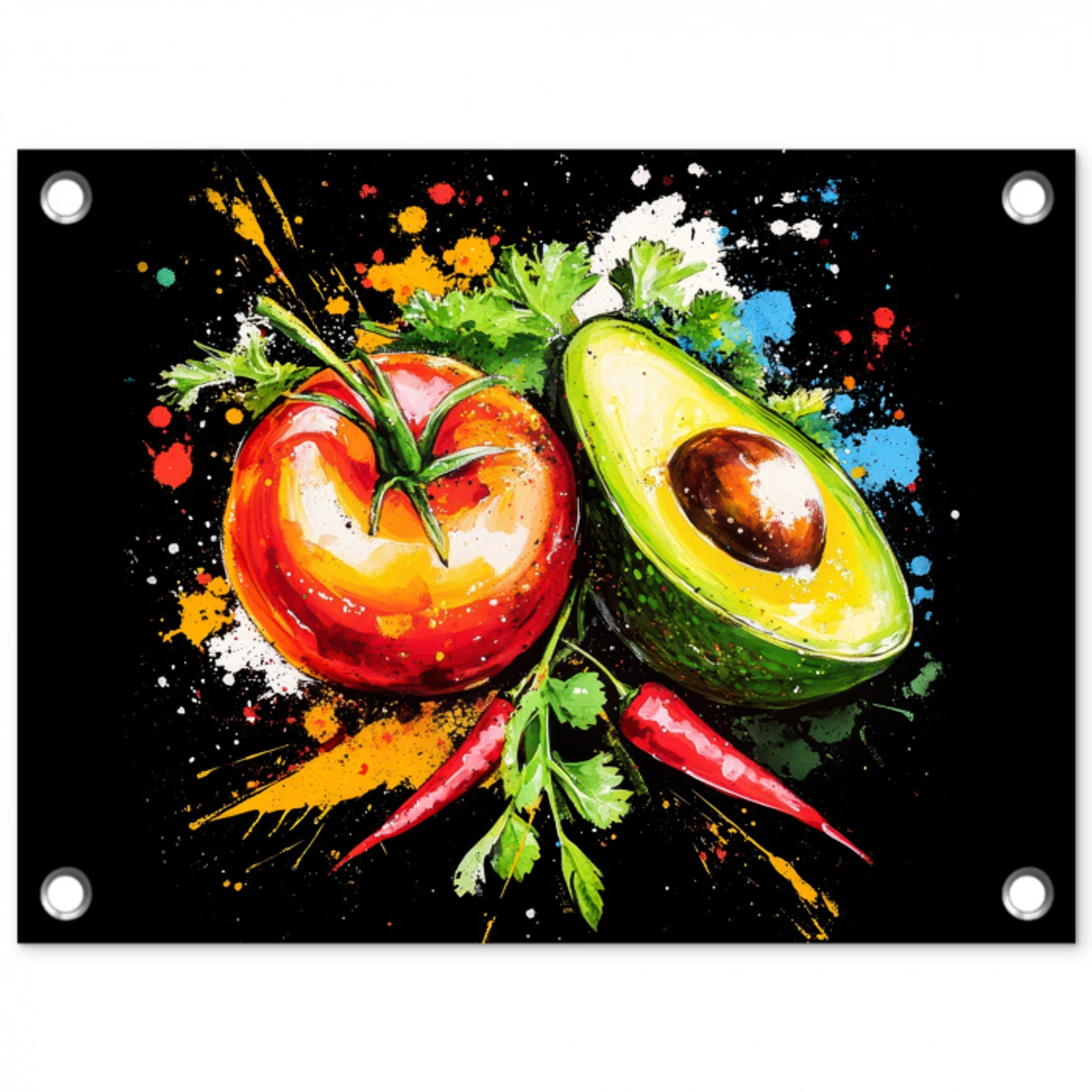 Tomaat - Avocado - Peper - Graffiti - Verf - Modern tuinposter los doek klein -3d