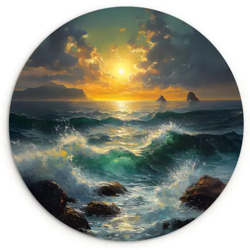 Zee - Zon - Golven - Rotsen Wandcirkel kunststof plaat 5mm dik klein -3d