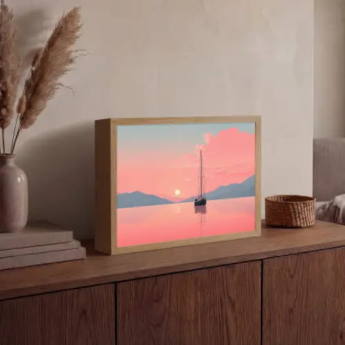Zeilboot - Roze zee - Zonsondergang - Bergen Light Box met batterij (Wandlamp) middel -sfeer2