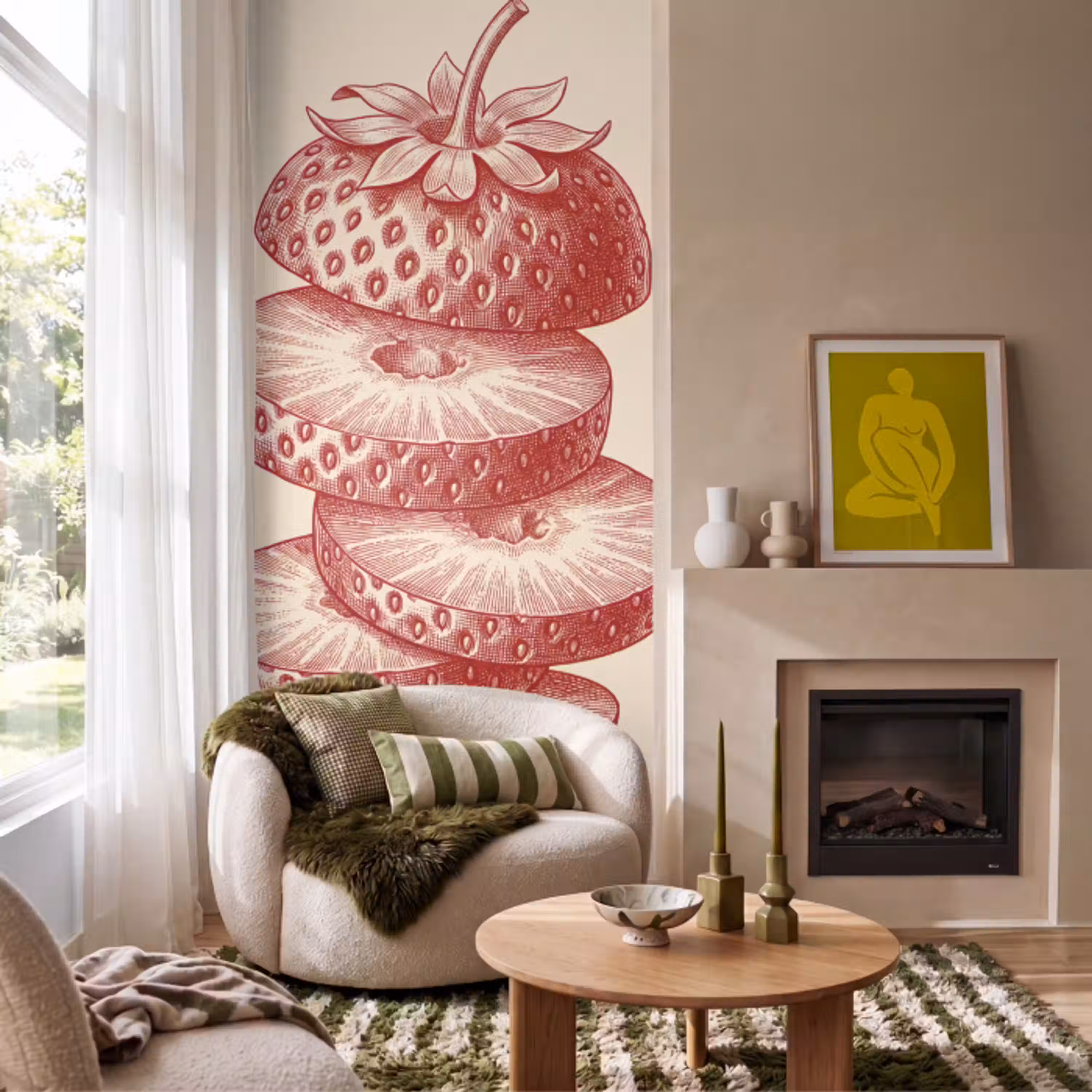 Fruit - Gesneden - Illustratie - Rood - Vintage Behang Vlies klein -sfeer2