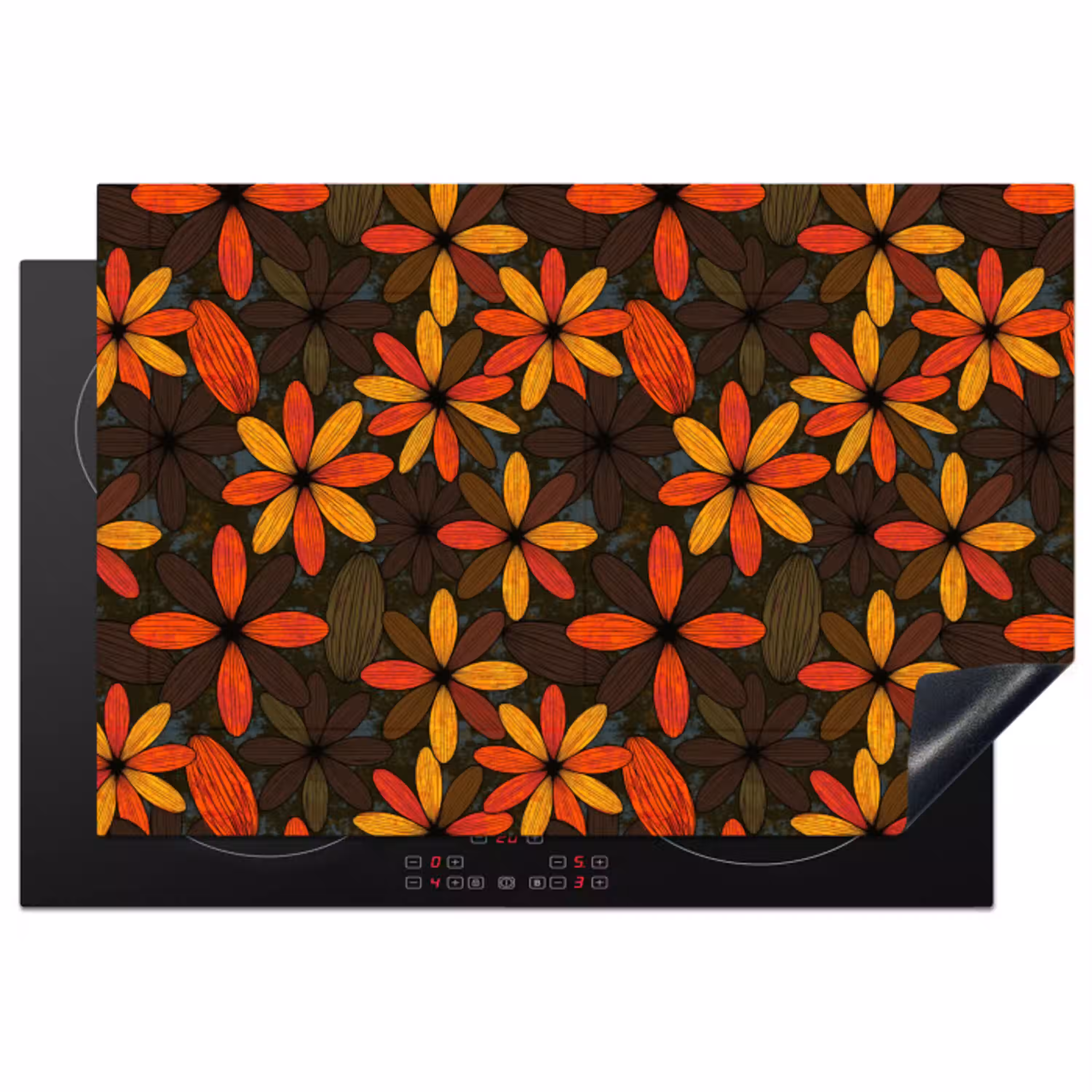 Oranje - Retro - Bloemen - Herfst Inductie beschermer vinyl 3mm klein 276 -3d