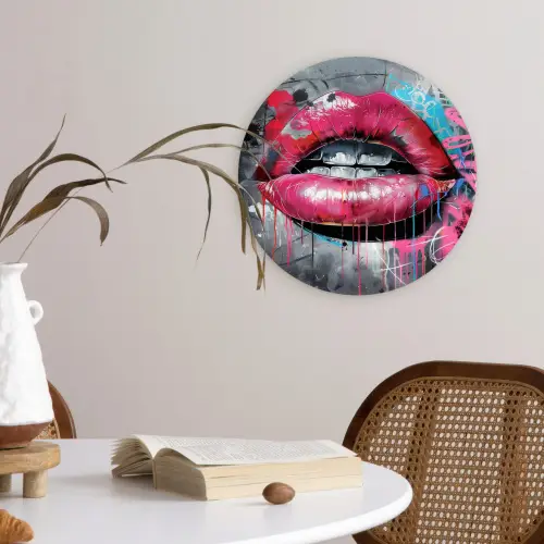Lippen - Felroze - Graffiti - Verfstrepen Wandcirkel kunststof plaat 5mm dik klein -sfeer4