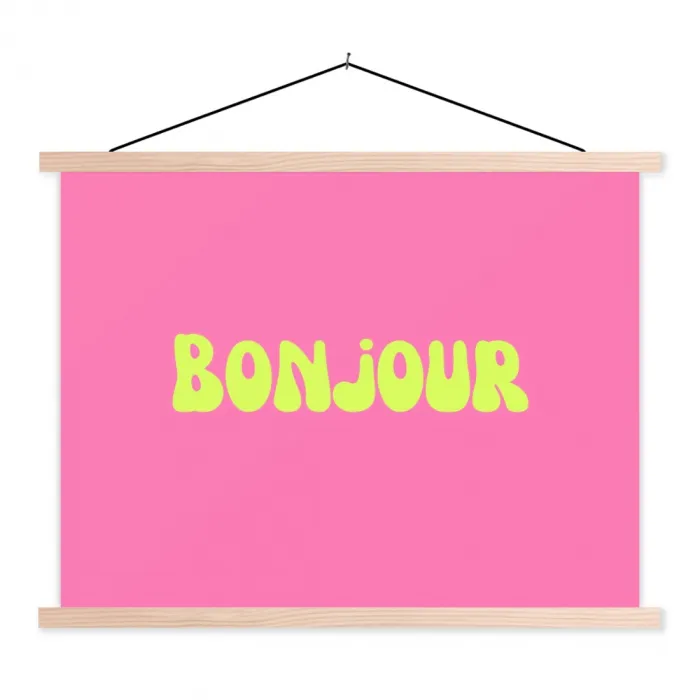 Roze - Groene bonjour - Organisch textielposter latten blank klein -3d