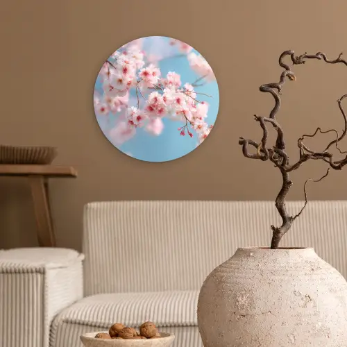 Takken - Bloesems - Roze Wandcirkel kunststof plaat 5mm dik klein -sfeer1