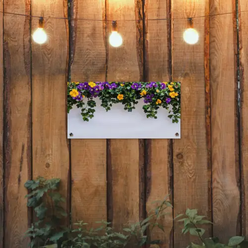 Bloemen - Muur - Geel - Paars tuinposter los doek klein -sfeer1