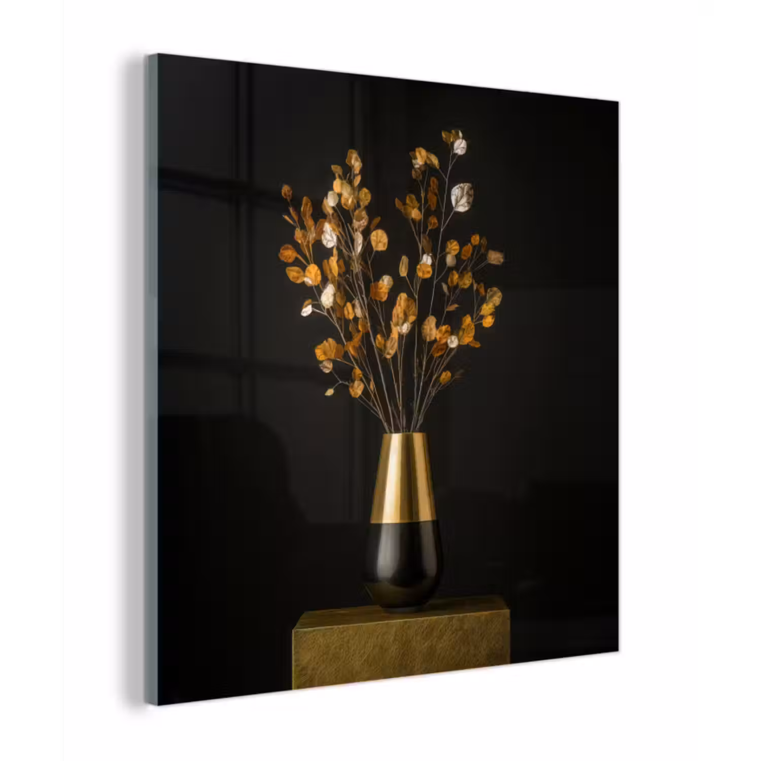 Glas schilderij - Goudbruine - Bladeren - Vaas - Herfstachtig