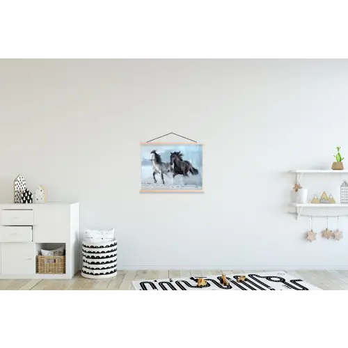 Paarden - Winter - Dieren - Natuur - Sneeuw textielposter latten blank klein -kinderkamer