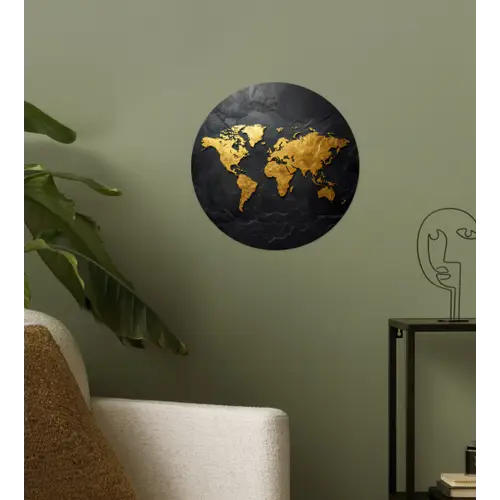 Wereldkaart - Goud - Steen Wandcirkel behangsticker klein -sfeer2