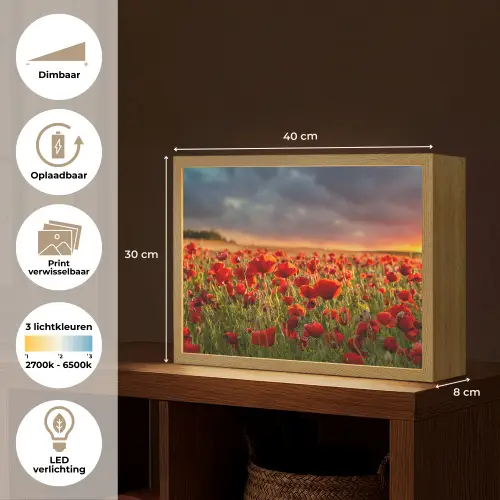 Zonsondergang - Klaprozen - Rood - Bloemen - Veld - Natuur Light Box met batterij (Wandlamp) middel -USP_websiteoverzichtNL