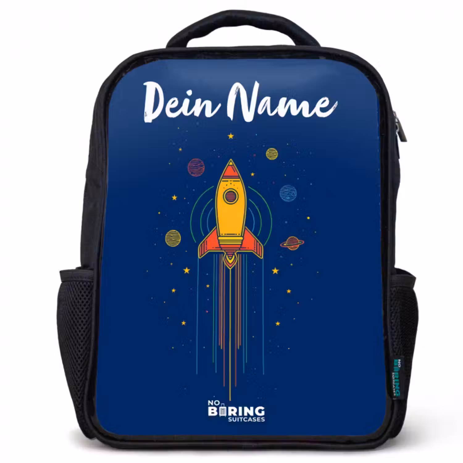 Kinderrucksack mit Namen - Schwarz - Rakete - Planeten - Sterne