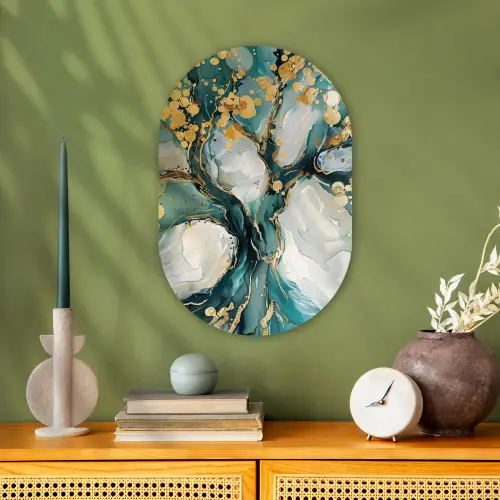 Boom - Modern - Verflook - Turquoise - Goud Wandcirkel Ovaal Forex klein -sfeer2