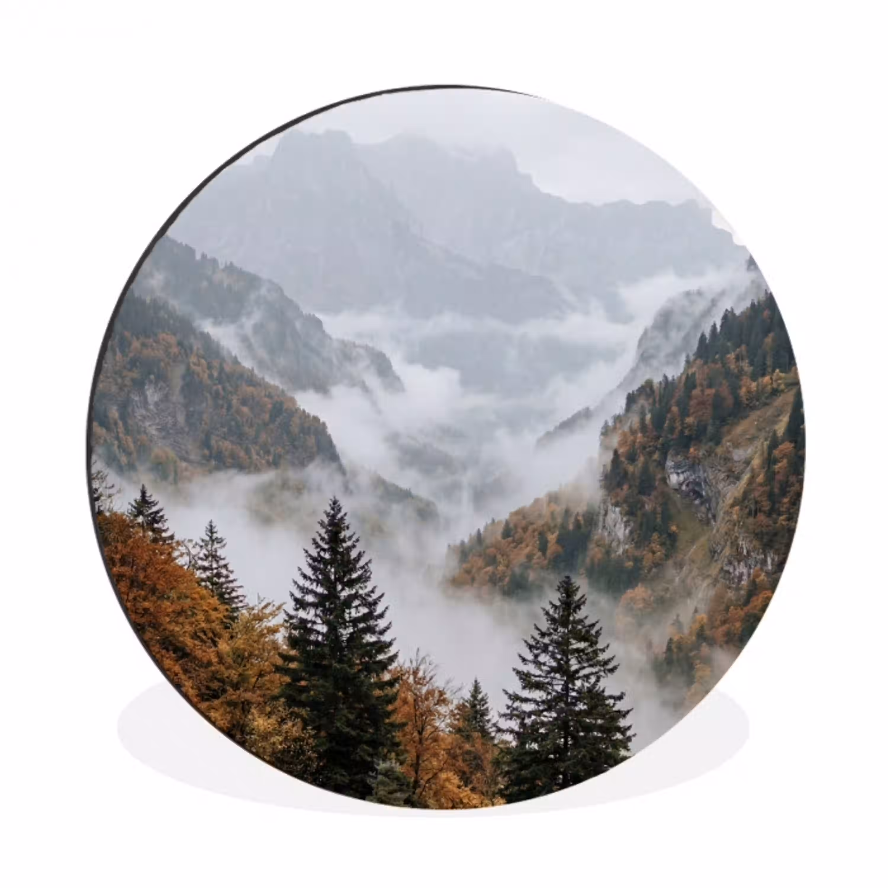 Bergen - Vallei - Mist - Herfst - Natuur Wandcirkel aluminium klein -3d