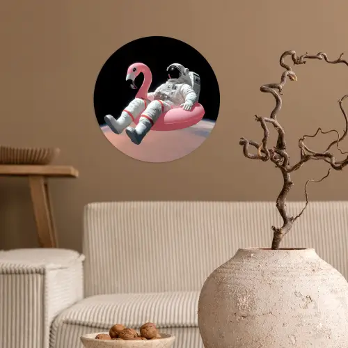 Astronaut - Flamingo - Zwemband - Roze Wandcirkel behangsticker klein -sfeer1