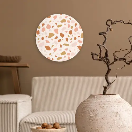 Terrazzo -  Patroon - Kleurrijk - Zalm Wandcirkel kunststof plaat 5mm dik klein 188 -sfeer1