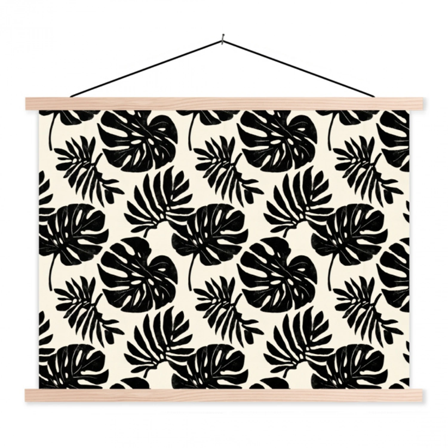 Modern - Monstera - Zwart textielposter latten blank klein 122 -3d