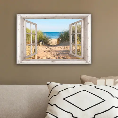 Doorkijk - Strand - Zee - Duinen - Zand - Water - Helmgras canvas 2cm klein -sfeer3