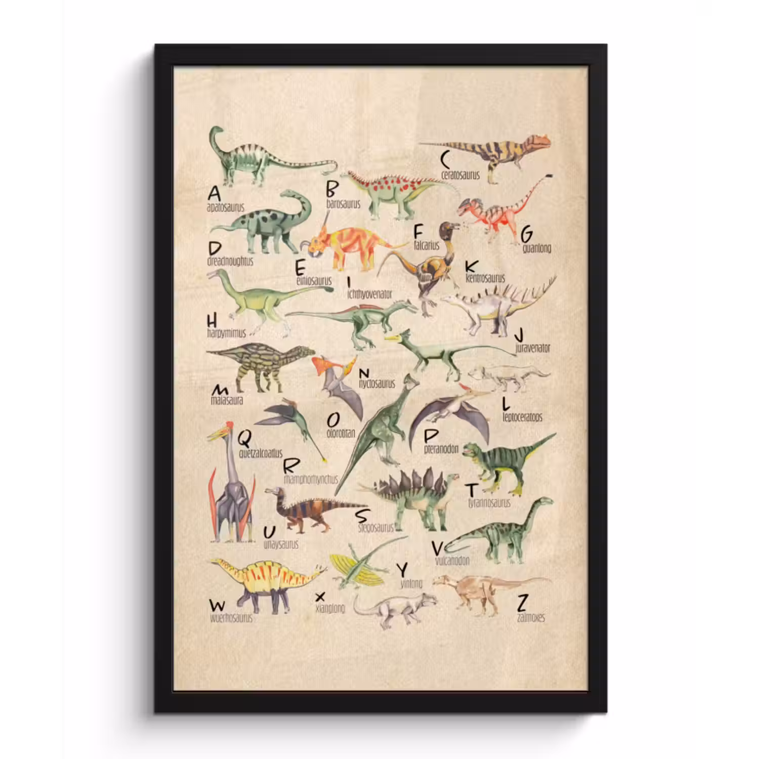 Poster met lijst - Alfabet - Dino - Dinosaurus - Educatief - Retro - Kinderen