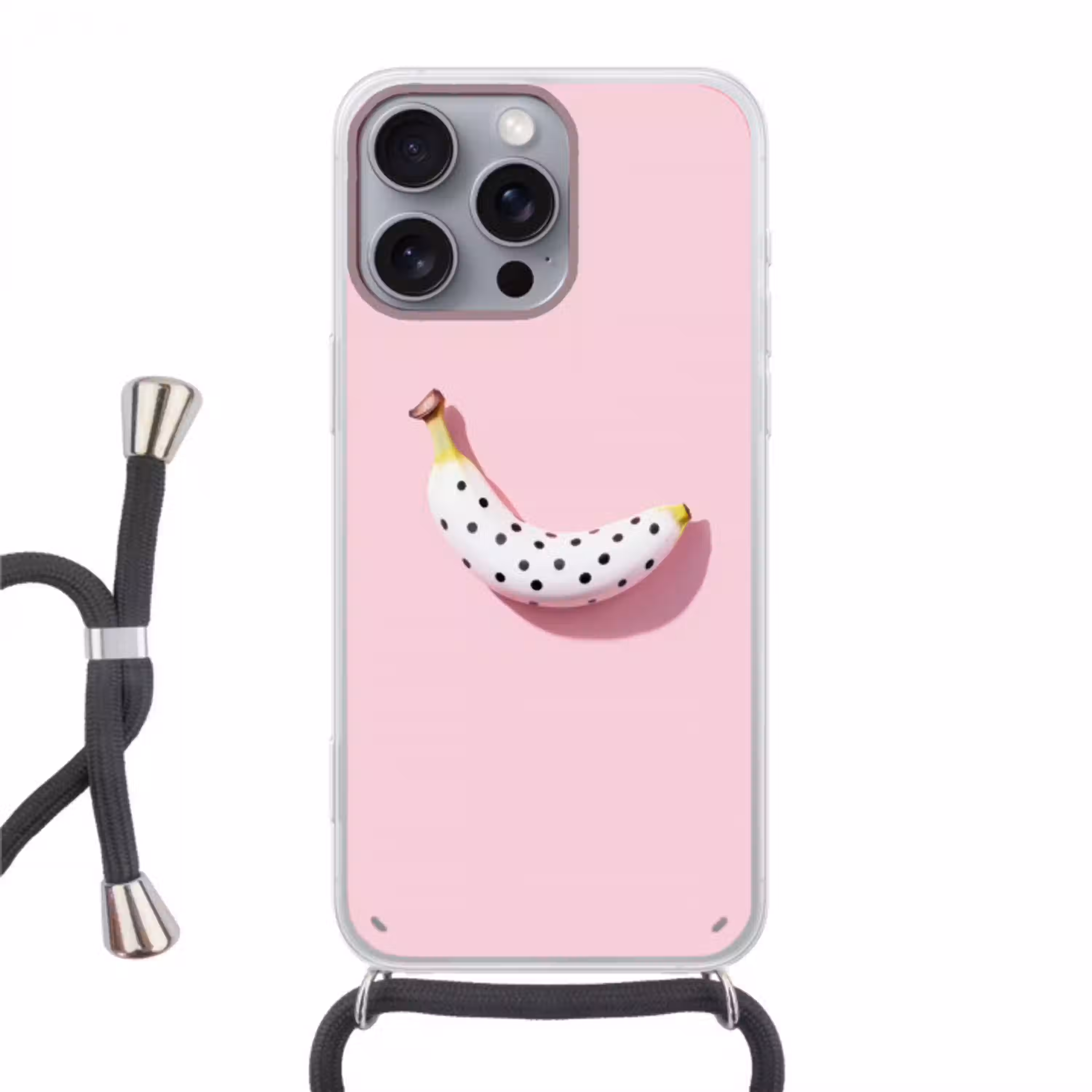 Banaan - Stippen - roze Hoesje iPhone 16 Pro Max met koord klein -3d