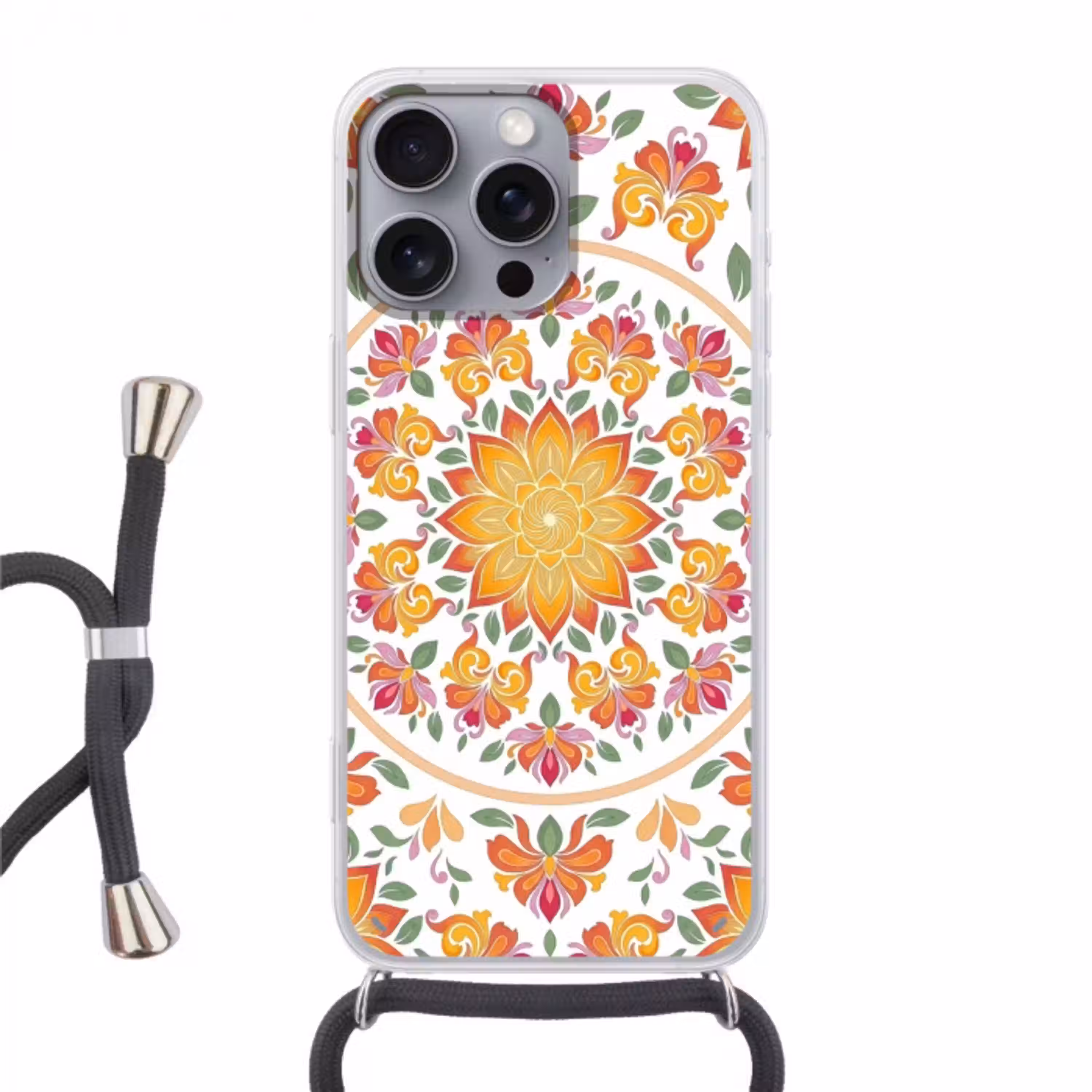 Mandala - Bloemen - Decoratie - Kleurrijk - Abstract Hoesje iPhone 16 Pro Max met koord klein -3d