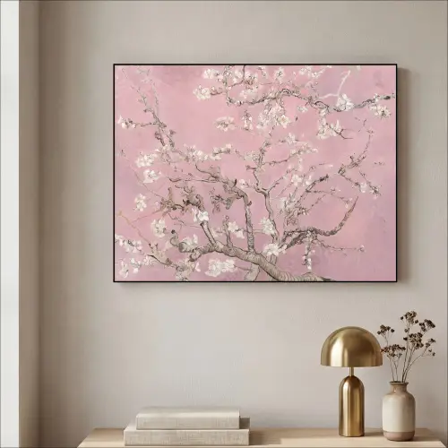 Amandelbloesem - Kunst - Van Gogh - Roze Textielframe zwart klein -sfeer2