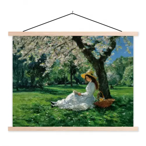Vrouw - Boom - Boek - Mandje textielposter latten blank klein -3d