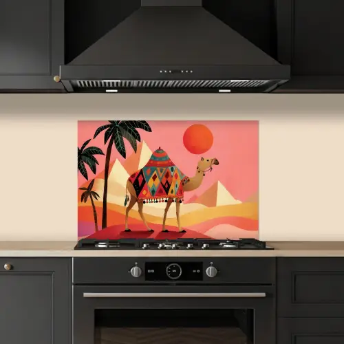 Kameel - Pyramides - Rode zon keuken achterwand spatscherm klein -sfeer1