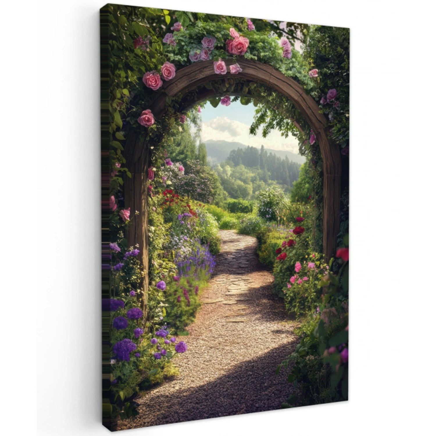 Doorkijk - Landschap - Bloemen - Rozenboog - Natuur Tuinposter op houten frame 2 cm dik klein -3d
