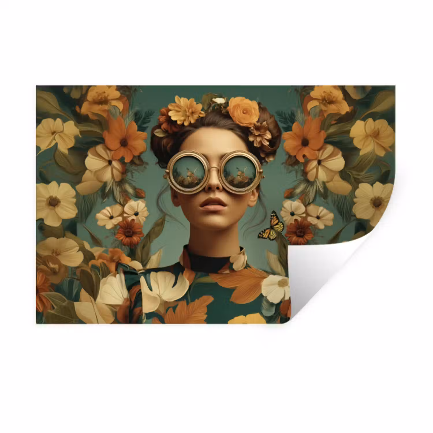 Muursticker - Bloemenkrans - Vrouwengezicht - Zonnebril - Oranje