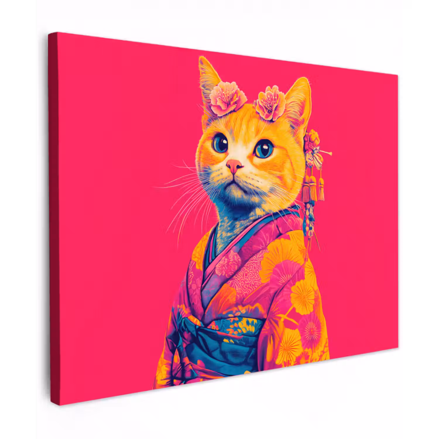 Leinwandbild - Katze - Kimono - Blumen - Rosa