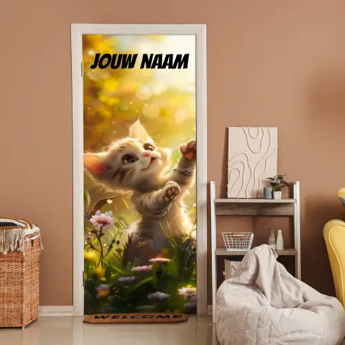 Schattig kitten in bloemenveld met de tekst “Deze kamer is van: jouw naam”. deurposter klein -sfeer1